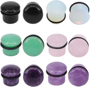 PunkTracker 6Pairs 4g-11/16 Multiple Stone Single Flared Ear Plugs with Silicone O-Ring Expander Gauges
