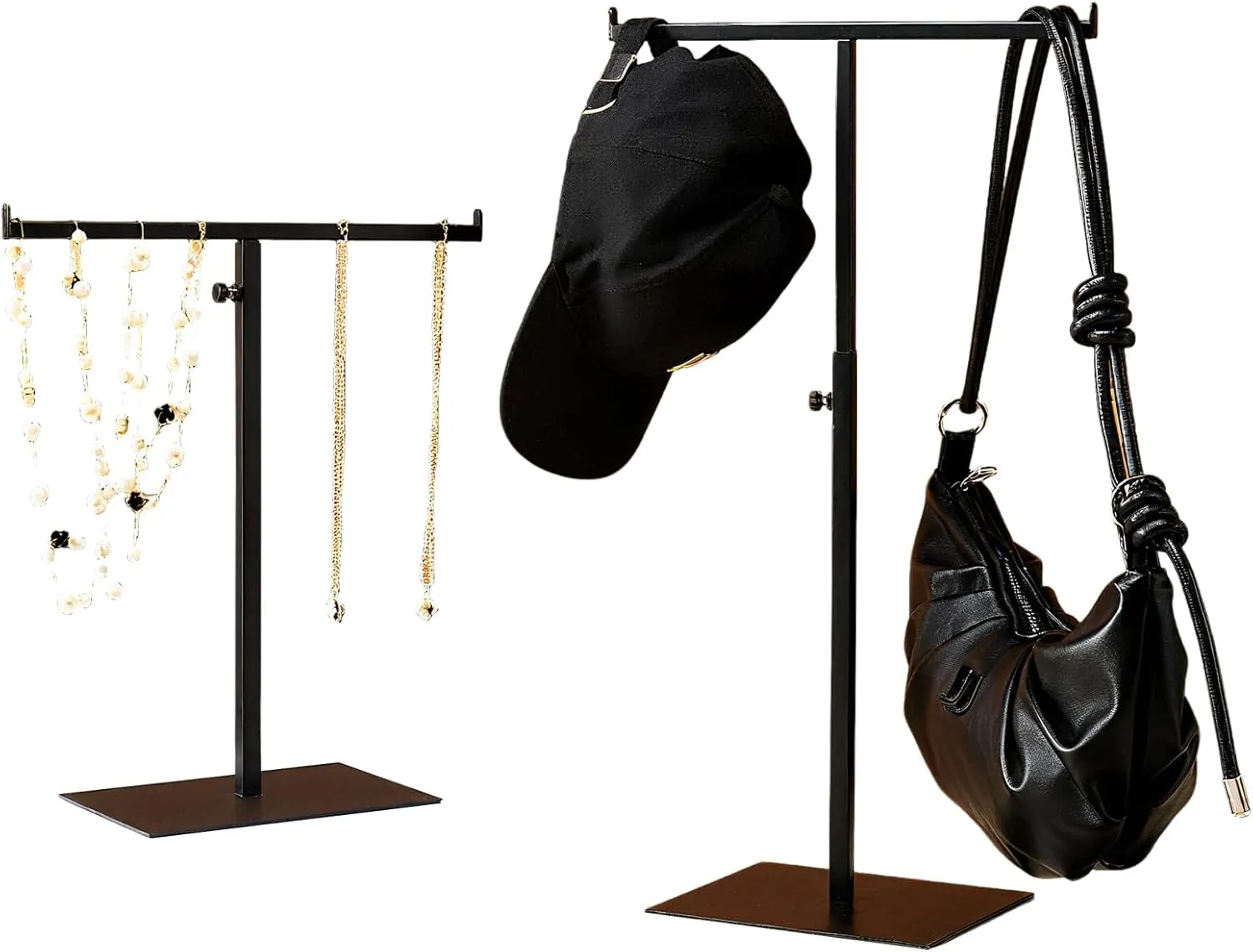 Purse Display Stand Jewelry Towers - 2 Pack Purse Stand Handbag Bag Display Black Tabletop Stainless Steel Hook Hanging Jewelry Stands for Necklaces Organizer Adjustable Height Home Store Boutique