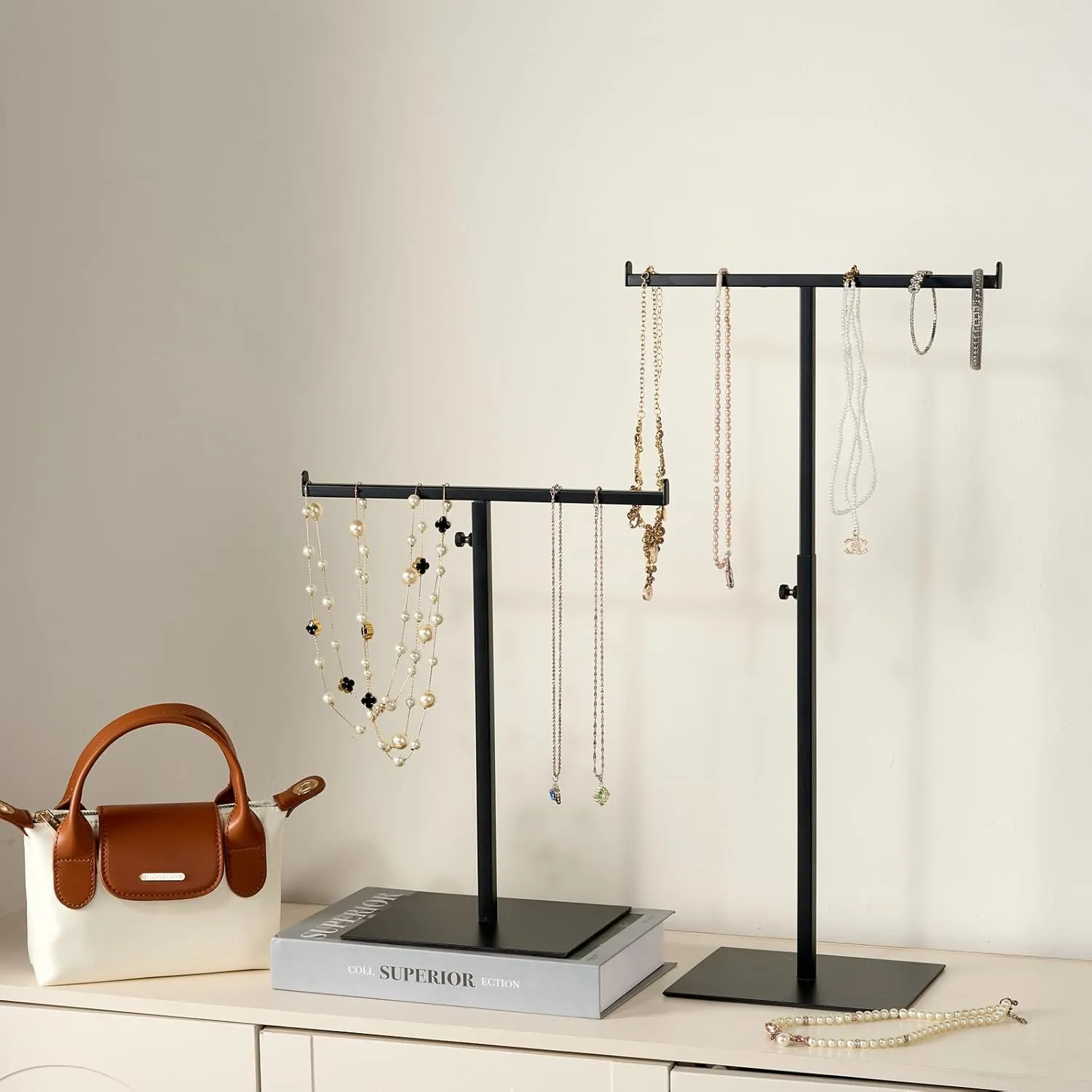 Purse Display Stand Jewelry Towers - 2 Pack Purse Stand Handbag Bag Display Black Tabletop Stainless Steel Hook Hanging Jewelry Stands for Necklaces Organizer Adjustable Height Home Store Boutique