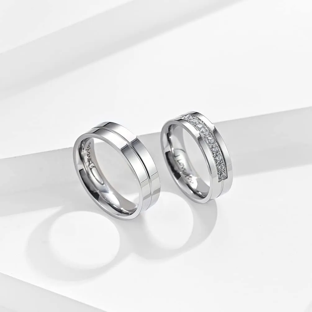 QINGDUO 6MM Matching Promise Rings for Couples His and Hers Zirconia CZ Wedding Ring Set Stainless Steel Engagement Bands Anniversary Rings for Men Women Lovers Matching Princess Cut Bridal Jewelry