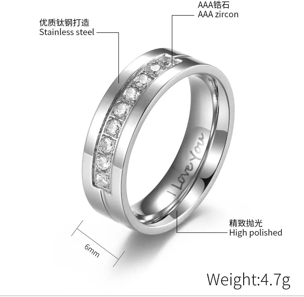 QINGDUO 6MM Matching Promise Rings for Couples His and Hers Zirconia CZ Wedding Ring Set Stainless Steel Engagement Bands Anniversary Rings for Men Women Lovers Matching Princess Cut Bridal Jewelry