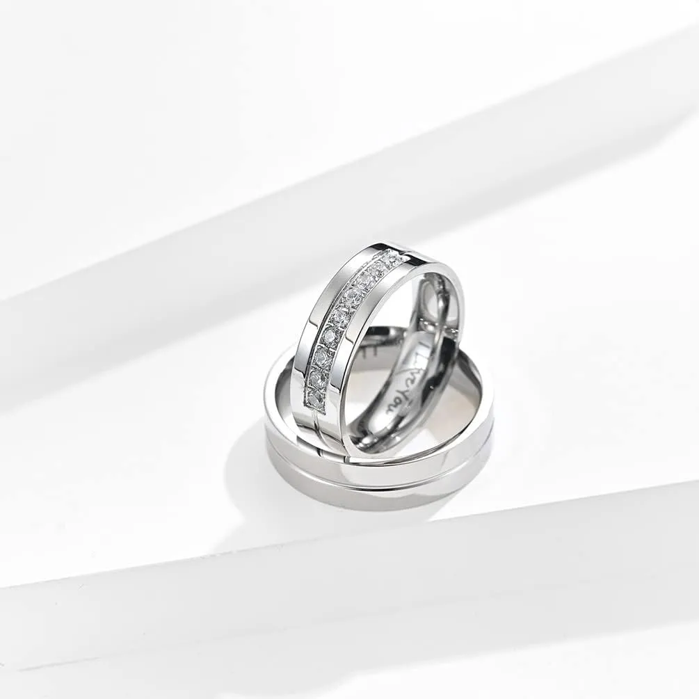 QINGDUO 6MM Matching Promise Rings for Couples His and Hers Zirconia CZ Wedding Ring Set Stainless Steel Engagement Bands Anniversary Rings for Men Women Lovers Matching Princess Cut Bridal Jewelry