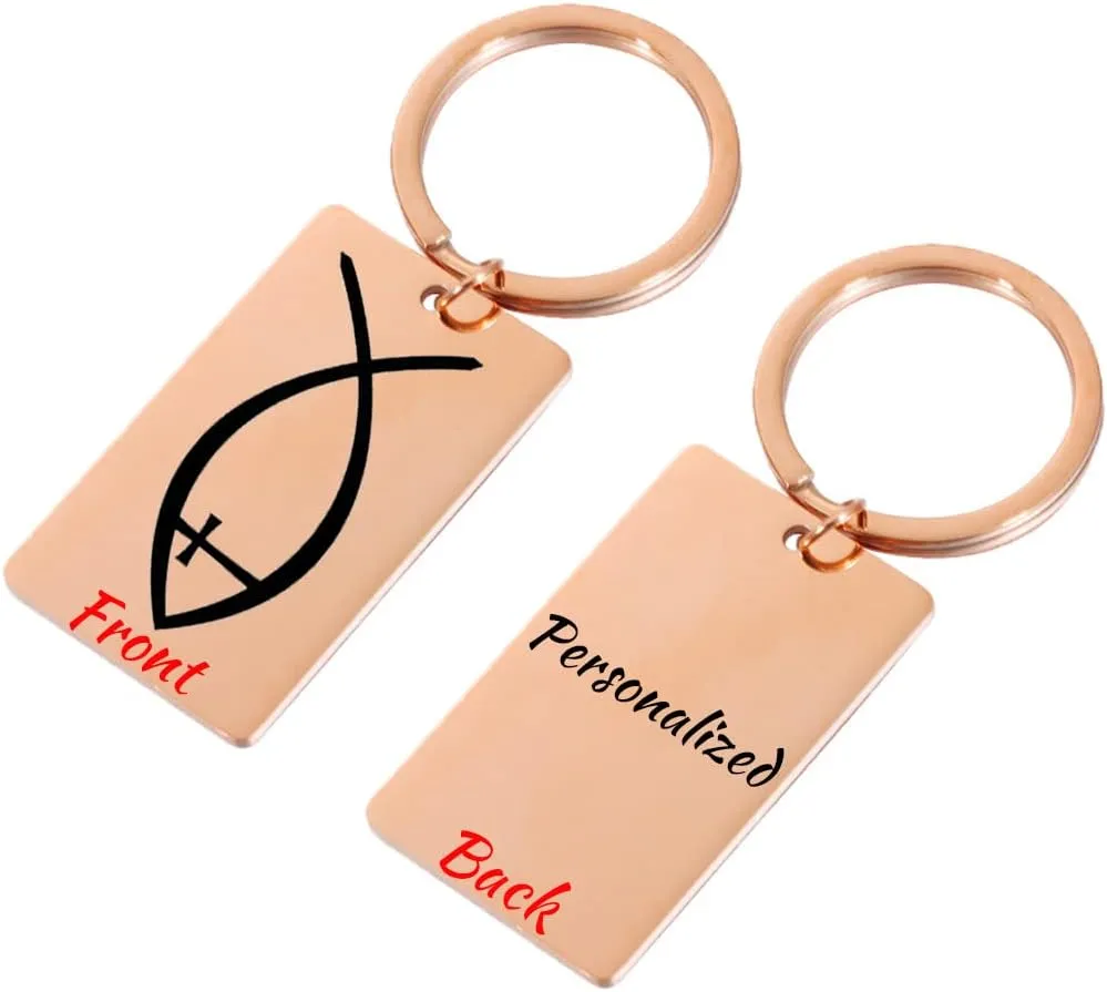 QINGDUO Inspirational High Polish Christian Jesus Fish and Cross Symbols Pendant Keychain Customize Rectangular Keychain Inspirational Faith Cross Keychain Christian Religious Gift,Rose Gold Plated