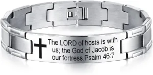 QINGDUO Personalized Religious Christian Motivational Jewerly Vintage Stainless Steel Cross Bible Lords Prayer Link Wrist Silver Bracelet for Men Women,Gifts for Friendship Graduation Birthday