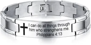 QINGDUO Philippians 4:13 Religious Christian Motivational Jewerly Vintage Stainless Steel Cross Bible Lords Prayer Link Wrist Bracelet for Men Women,Gifts for Friendship Graduation Birthday