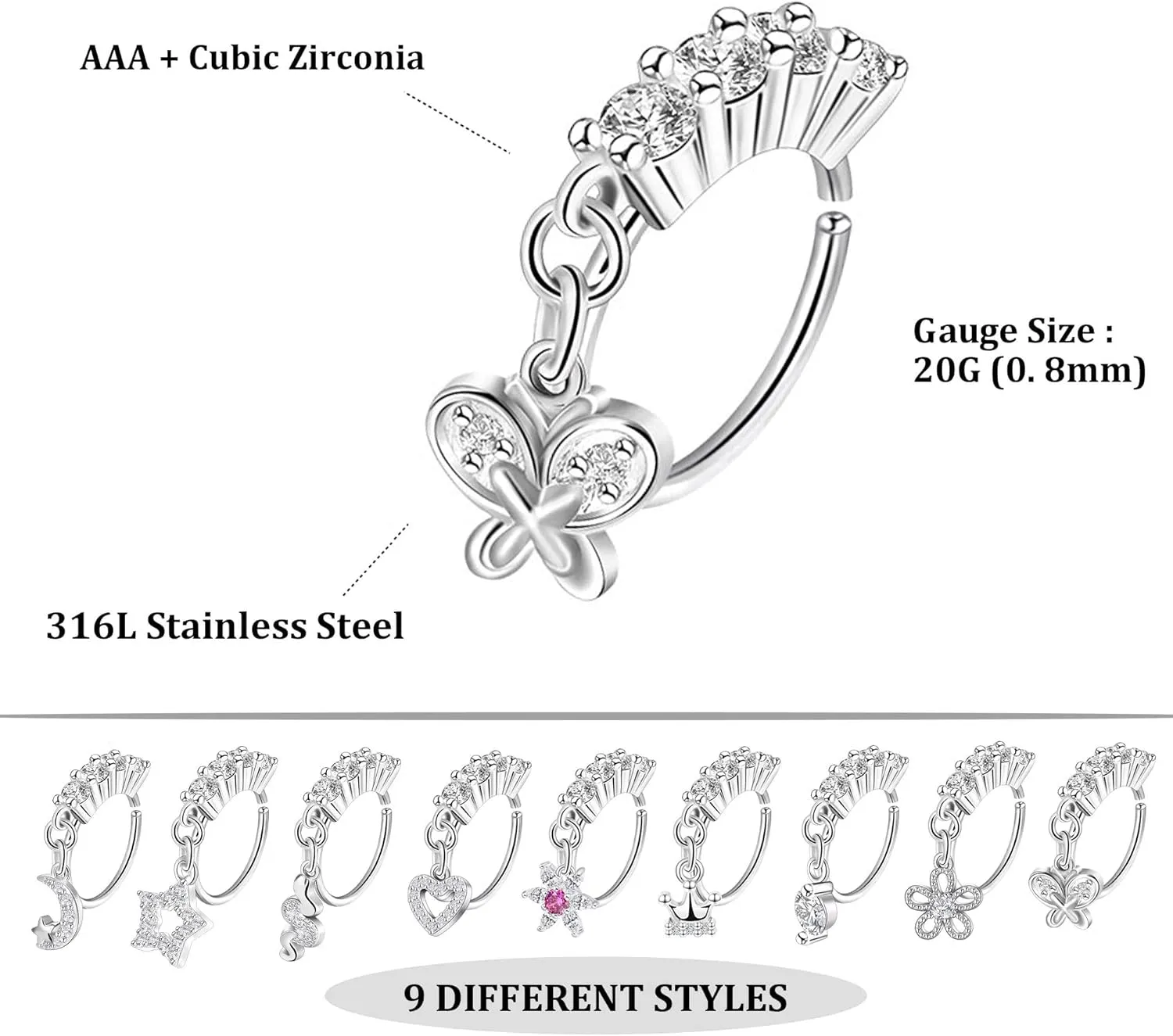Qmcandy Stainless Steel Dangle Nose Hoop Spiral Twist Nose Studs Piercing Nose Ring for Women Men