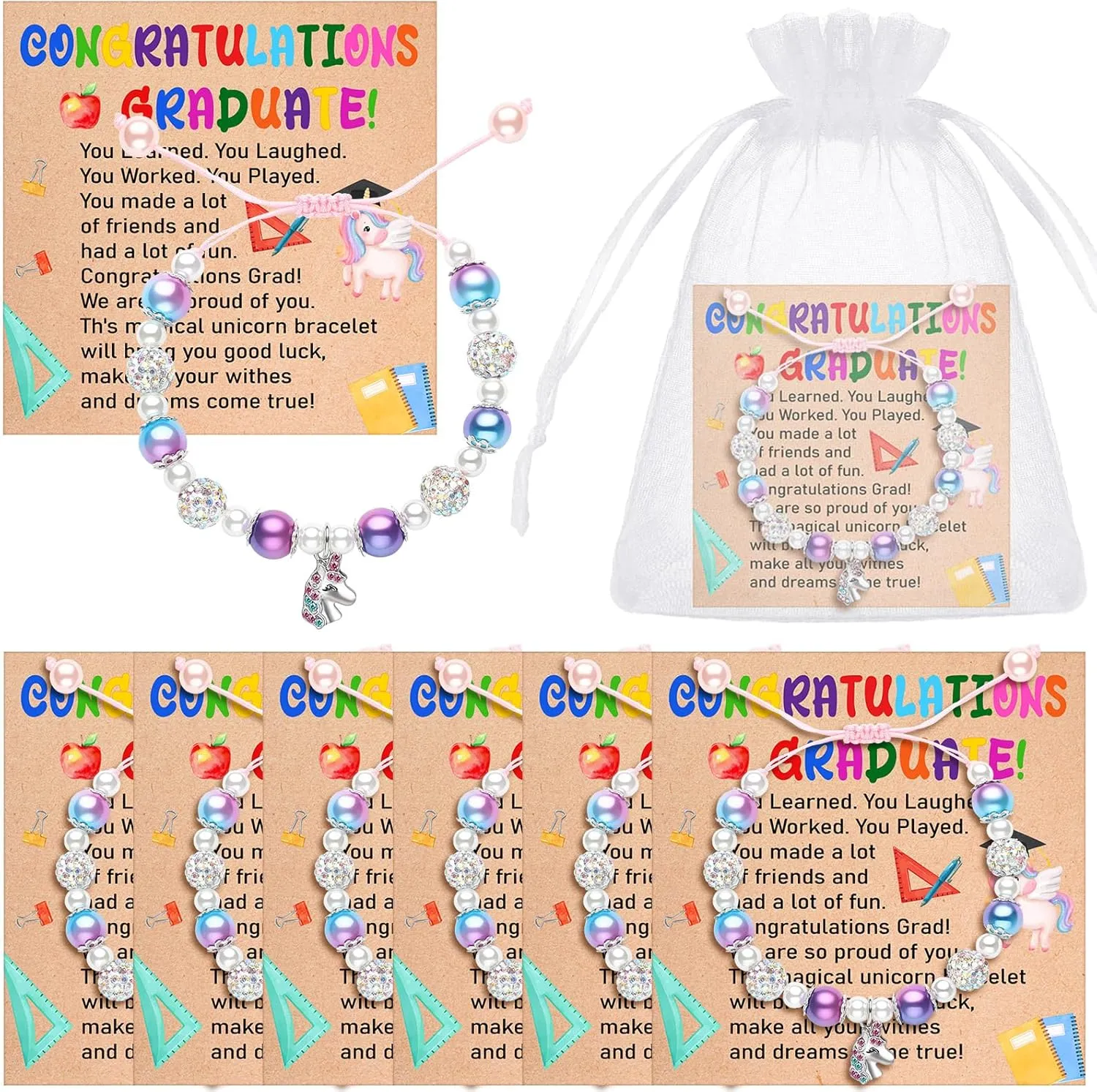 Quelay 6 Sets Kindergarten/Preschool Graduation Gifts Adjustable Unicorn Bracelet with Congratulation Cards and Organza Bags for Grad