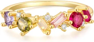 Rainbow Engagement Ring for Women Colorful Round Baguette Cut Cubic Zirconia CZ Stackable Wedding Band Promise Rings for Her Size 4-11