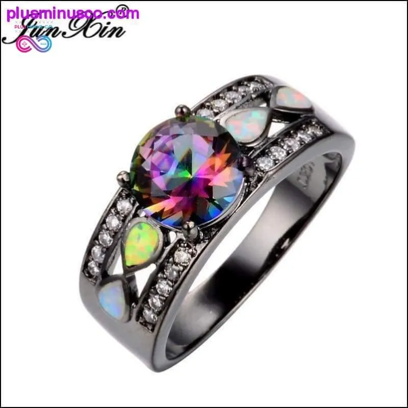 Rainbow Opal Rings Colorful CZ 10KT Black Gold Filled Ring