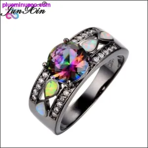 Rainbow Opal Rings Colorful CZ 10KT Black Gold Filled Ring