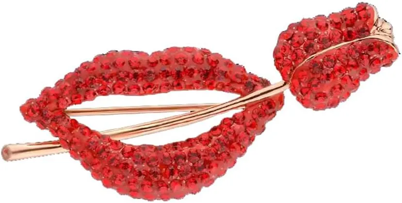 Red Lip with Rose Brooch for Women Ladies Girl Rhinestone Lapel Pin Creative Sexy Crystal Shining Mouth Flower Brooches Boutonniere Corsage for Suit Tie Party Wedding Jewelry Ornament Accessories Gift