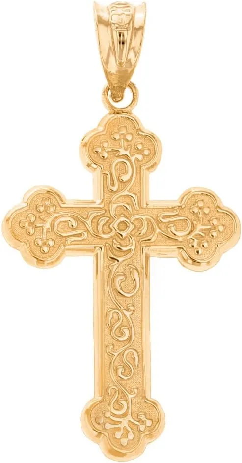 Religious Jewelry 10k Yellow Gold Eastern Orthodox Floral Rose Cross Pendant