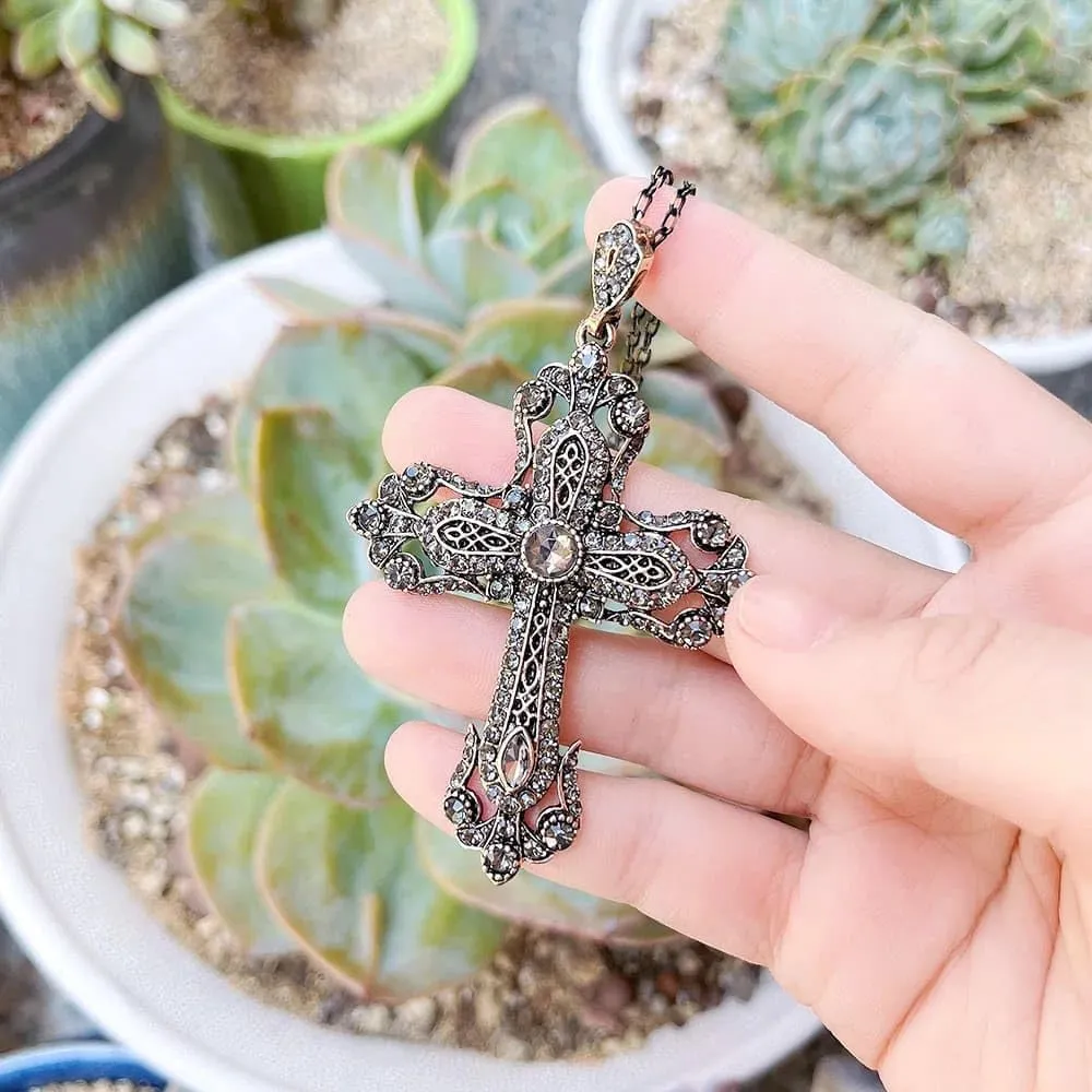 Religious Jewelry Flower Cross Necklace For Women Antique Gold Color Turkish Cross Pendant Necklace Festival, 17.3inch (44cm)