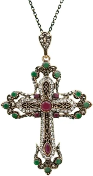 Religious Jewelry Flower Cross Necklace For Women Antique Gold Color Turkish Cross Pendant Necklace Festival, 17.3inch (44cm)