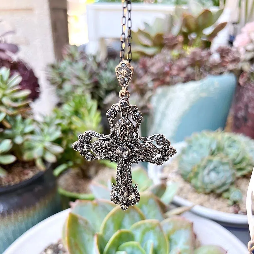 Religious Jewelry Flower Cross Necklace For Women Antique Gold Color Turkish Cross Pendant Necklace Festival, 17.3inch (44cm)