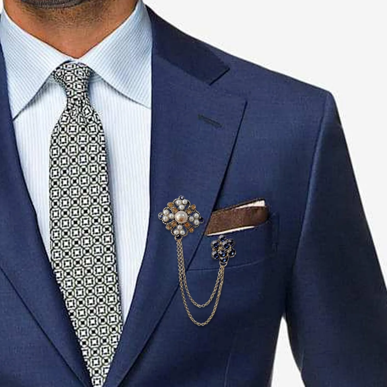Retro Crystal Flower Geometry Lapel Pin for Men Rhinestone With Hanging Chain Brooch for Men Suit Fashion Gold Collar Pins for Men Women Gifts