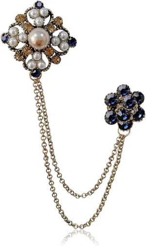Retro Crystal Flower Geometry Lapel Pin for Men Rhinestone With Hanging Chain Brooch for Men Suit Fashion Gold Collar Pins for Men Women Gifts
