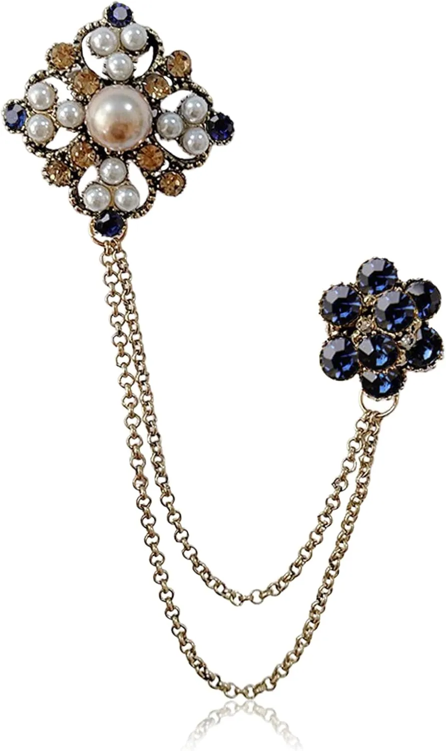Retro Crystal Flower Geometry Lapel Pin for Men Rhinestone With Hanging Chain Brooch for Men Suit Fashion Gold Collar Pins for Men Women Gifts