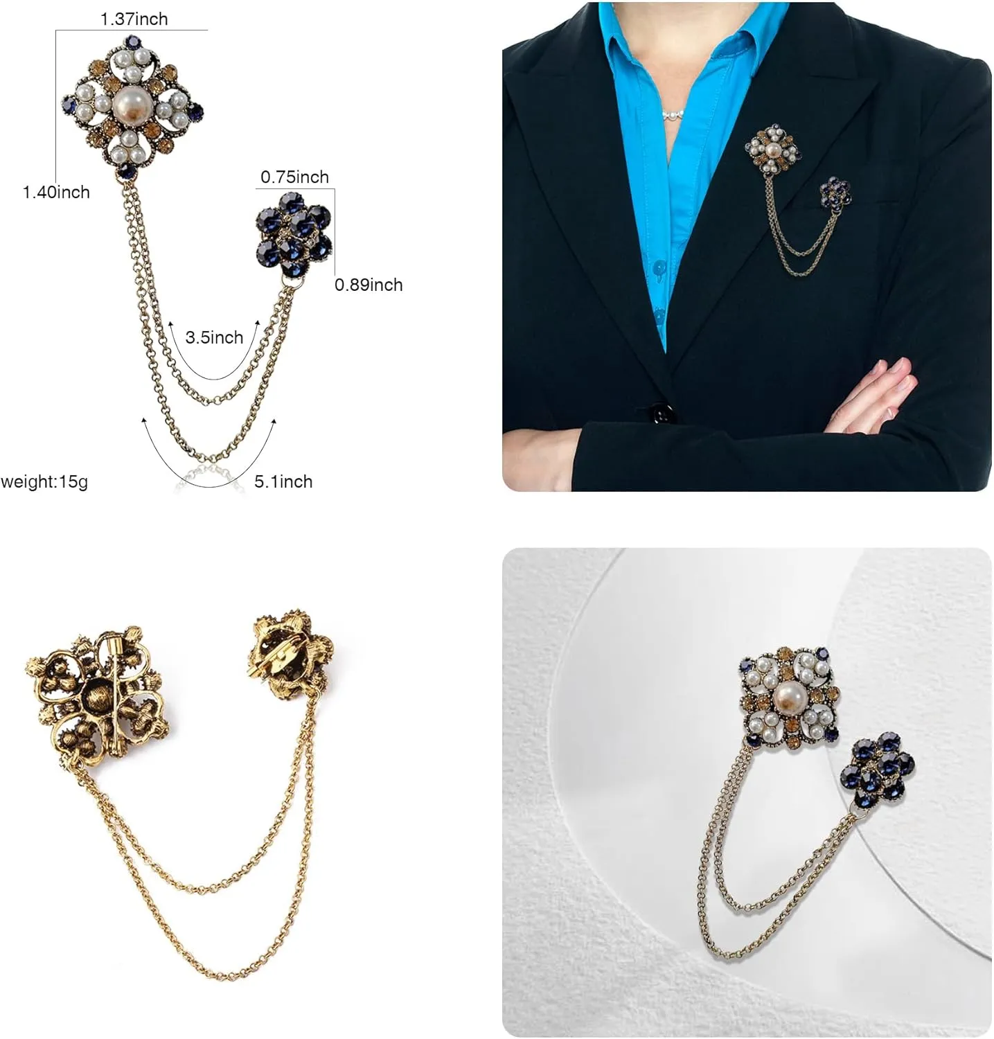 Retro Crystal Flower Geometry Lapel Pin for Men Rhinestone With Hanging Chain Brooch for Men Suit Fashion Gold Collar Pins for Men Women Gifts