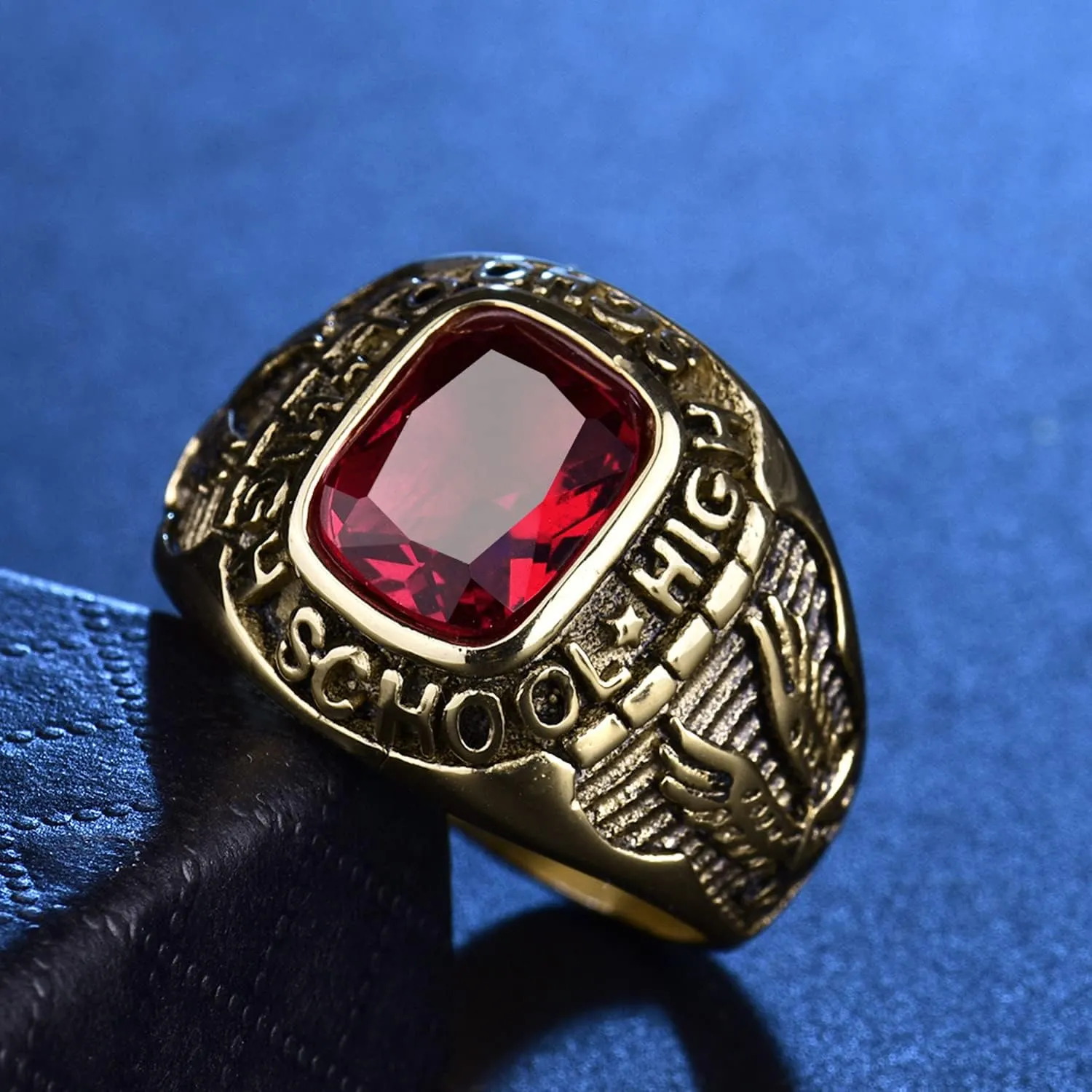 Retro Eagle Stainless Steel Rings for Men High School Red Crystal Gold Tone Jewelry Size 8-15