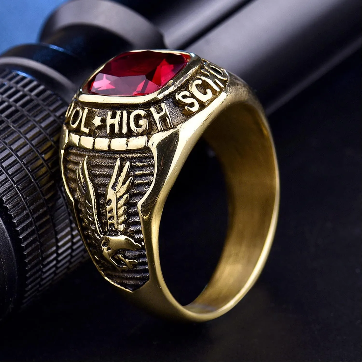 Retro Eagle Stainless Steel Rings for Men High School Red Crystal Gold Tone Jewelry Size 8-15