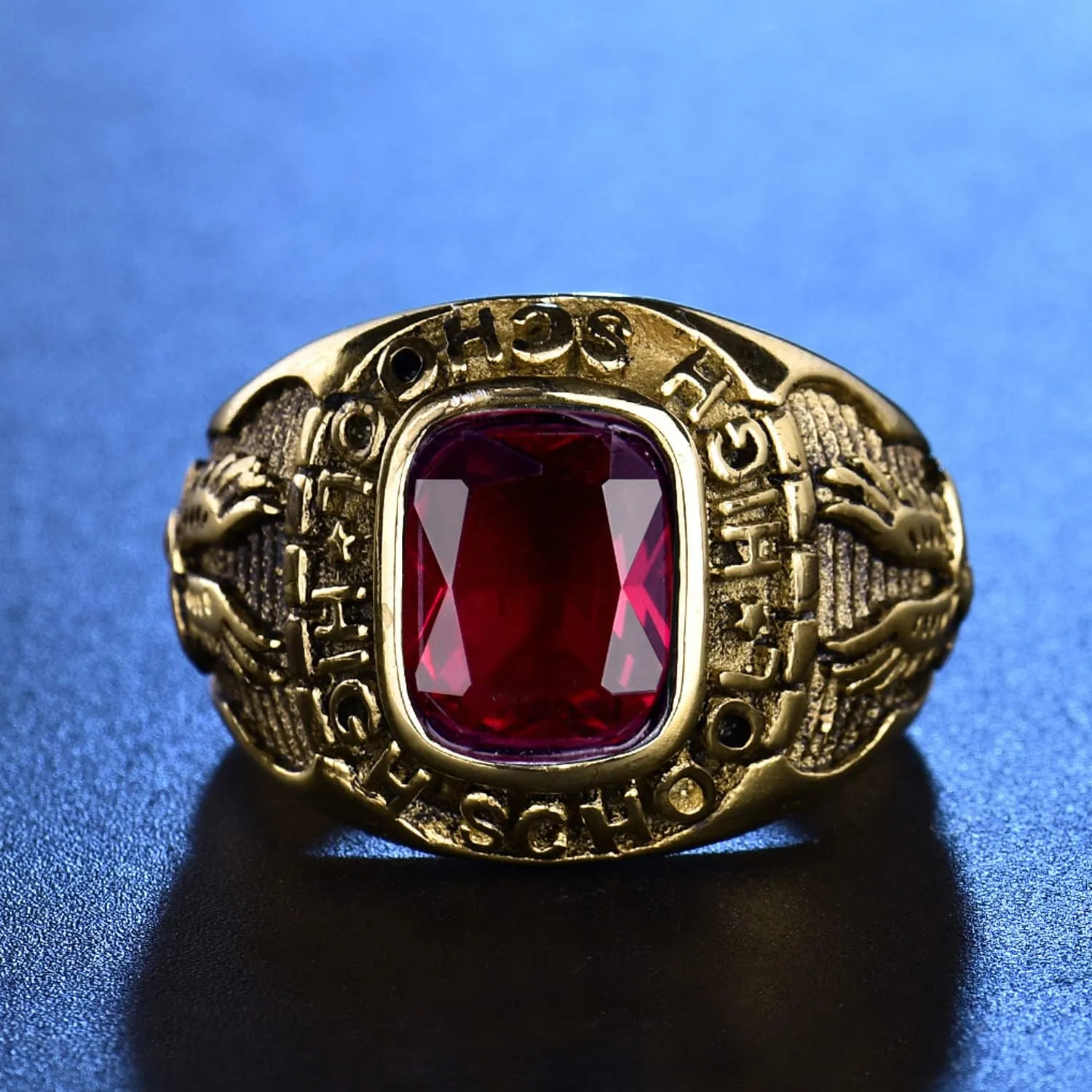 Retro Eagle Stainless Steel Rings for Men High School Red Crystal Gold Tone Jewelry Size 8-15