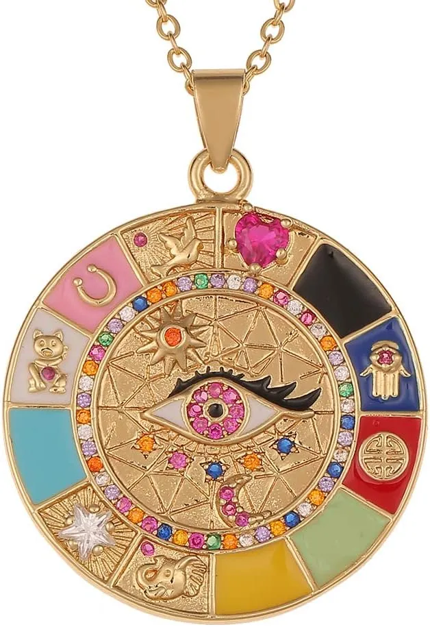 Retro YIN YANG NECKLACE, Vintage Stainless Steel Tarot Card Sun Moon Enamel Pendant Necklace for Women Men, Maya civilization Necklaces (Style I)