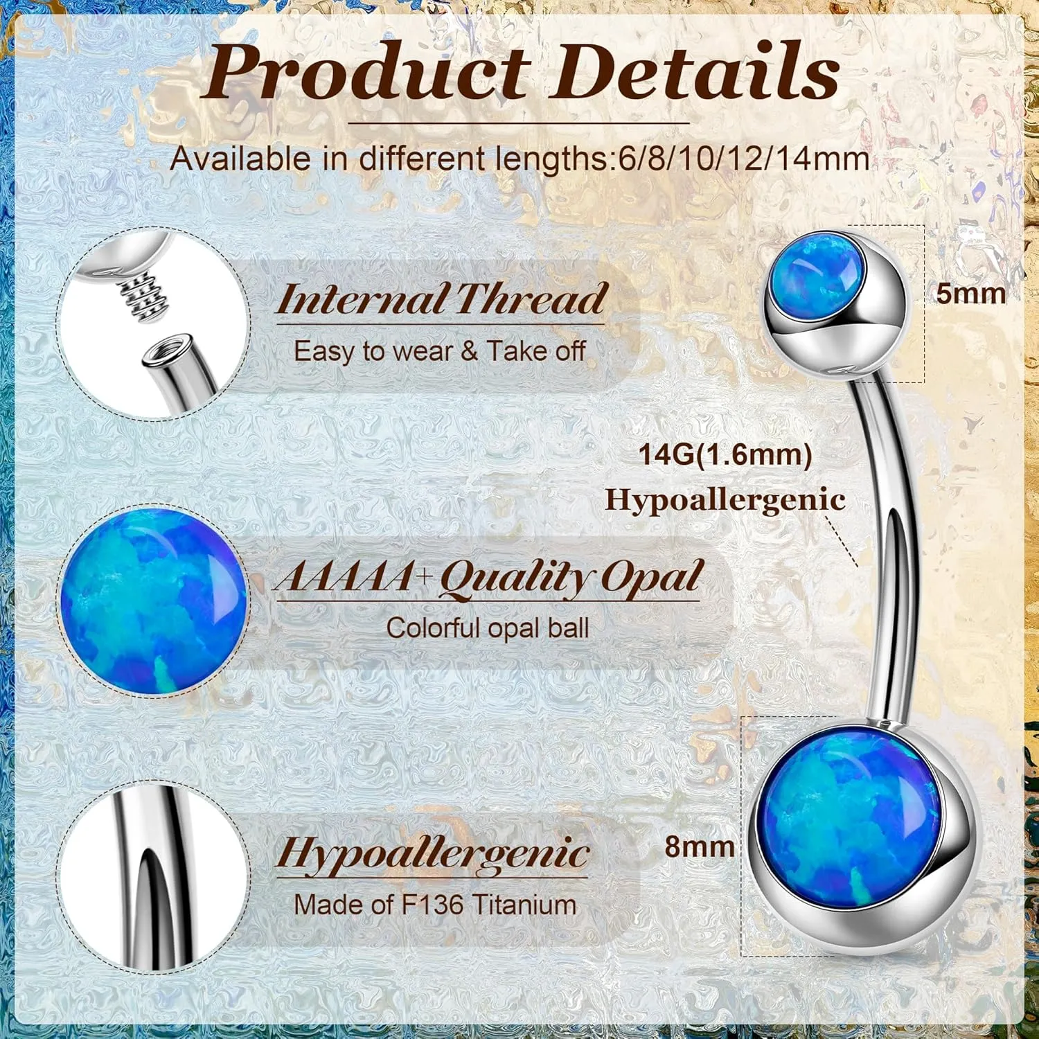 REVOLIA 14G F136 Titanium Opal Belly Button Rings for Women Hypoallergenic Belly Rings Internally Threaded Barbell Navel Rings Body Piercing Jewelry 6-16MM