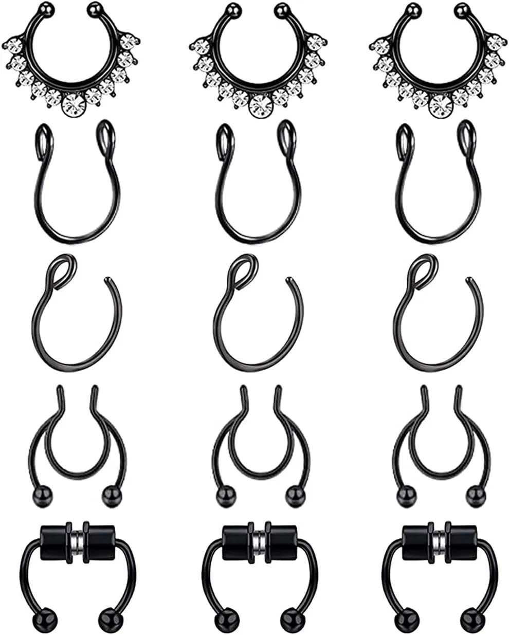 REVOLIA 15 Pcs Fake Nose Rings Hoop Stainless Steel Fake Septum Ring Faux Non-Pierced Clip On Nose Hoop