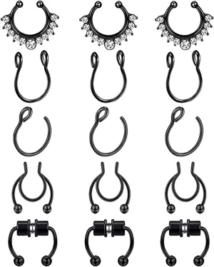 REVOLIA 15 Pcs Fake Nose Rings Hoop Stainless Steel Fake Septum Ring Faux Non-Pierced Clip On Nose Hoop