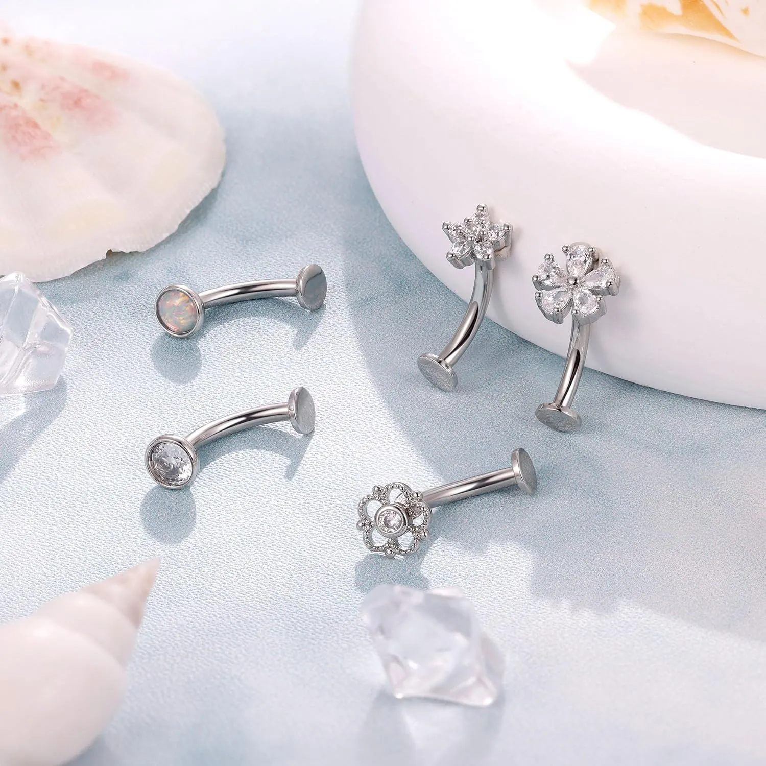 REVOLIA 5Pcs 14G Surgical Steel Floating Belly Button Rings for Women Flat Back Petite Belly Ring Opal Flower CZ Small Navel Rings Internally Threaded Belly Piercing Jewelry 8/10/12/14mm