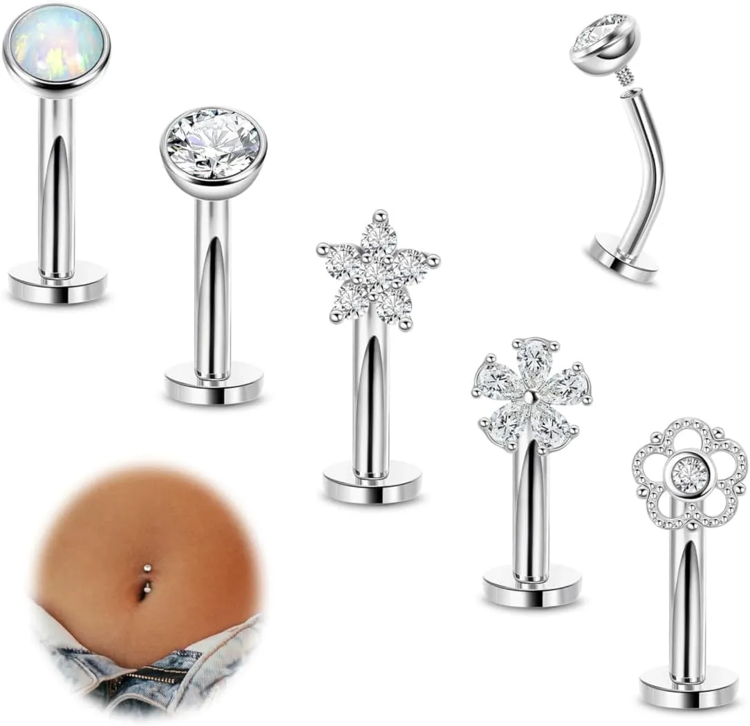REVOLIA 5Pcs 14G Surgical Steel Floating Belly Button Rings for Women Flat Back Petite Belly Ring Opal Flower CZ Small Navel Rings Internally Threaded Belly Piercing Jewelry 8/10/12/14mm