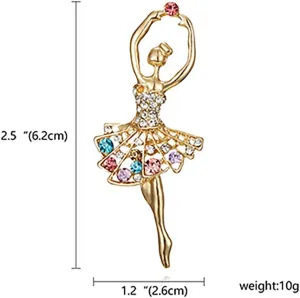 Rhinestone Ballet Dancer Brooches for Women Girls Fashion Crystal Gold Tone Alloy Dancing Ballerina Brooch Pins Elegant Dress Accessories Jewelry Wedding Birthday Christmas Valentine's Day Gifts