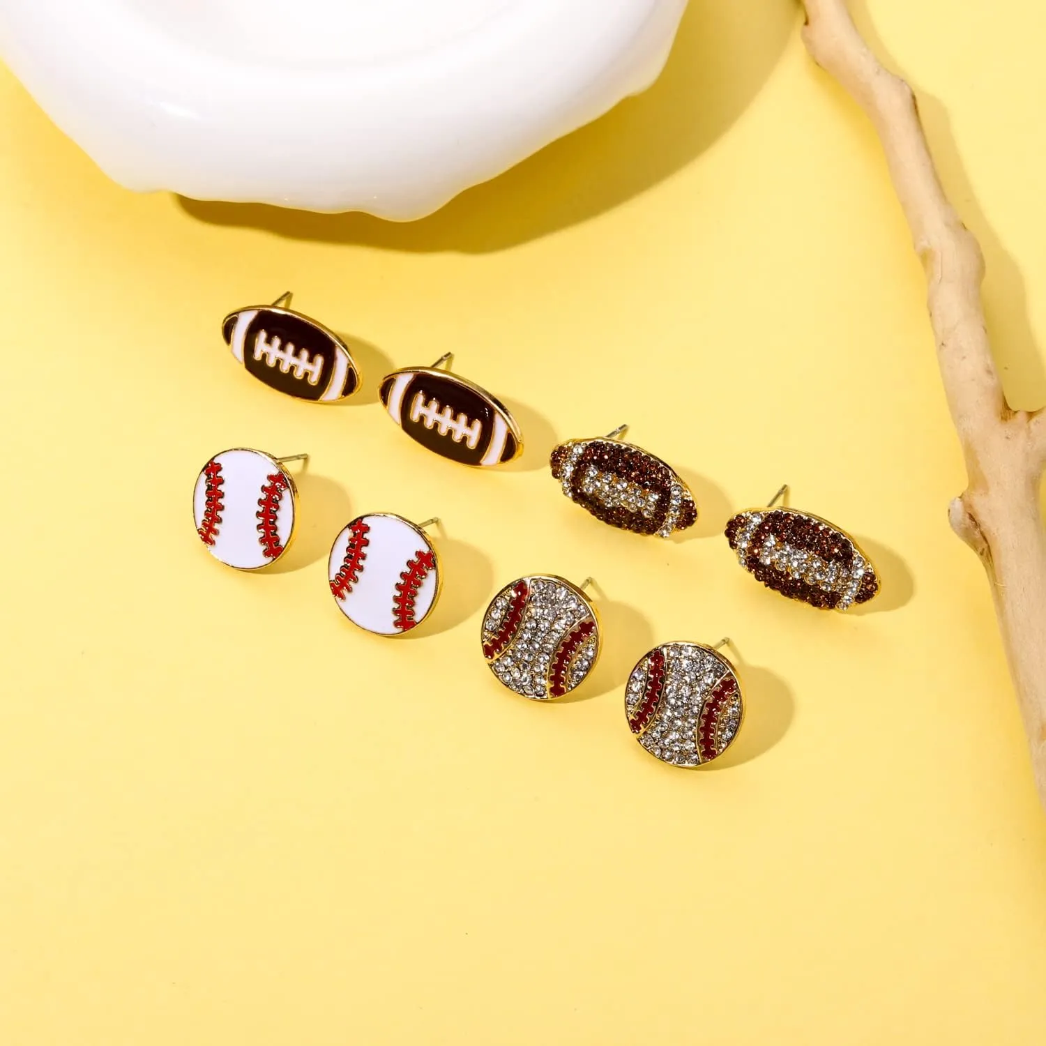 Rhinestone Baseball Softball Stud Earrings for Women, Sparkly Crystal CZ Basketball Football Volleyball Soccer Earrings, Enamel Hypoallergenic Round Stud Earrings Sport Lover Holiday Party Game Jewelry for Women