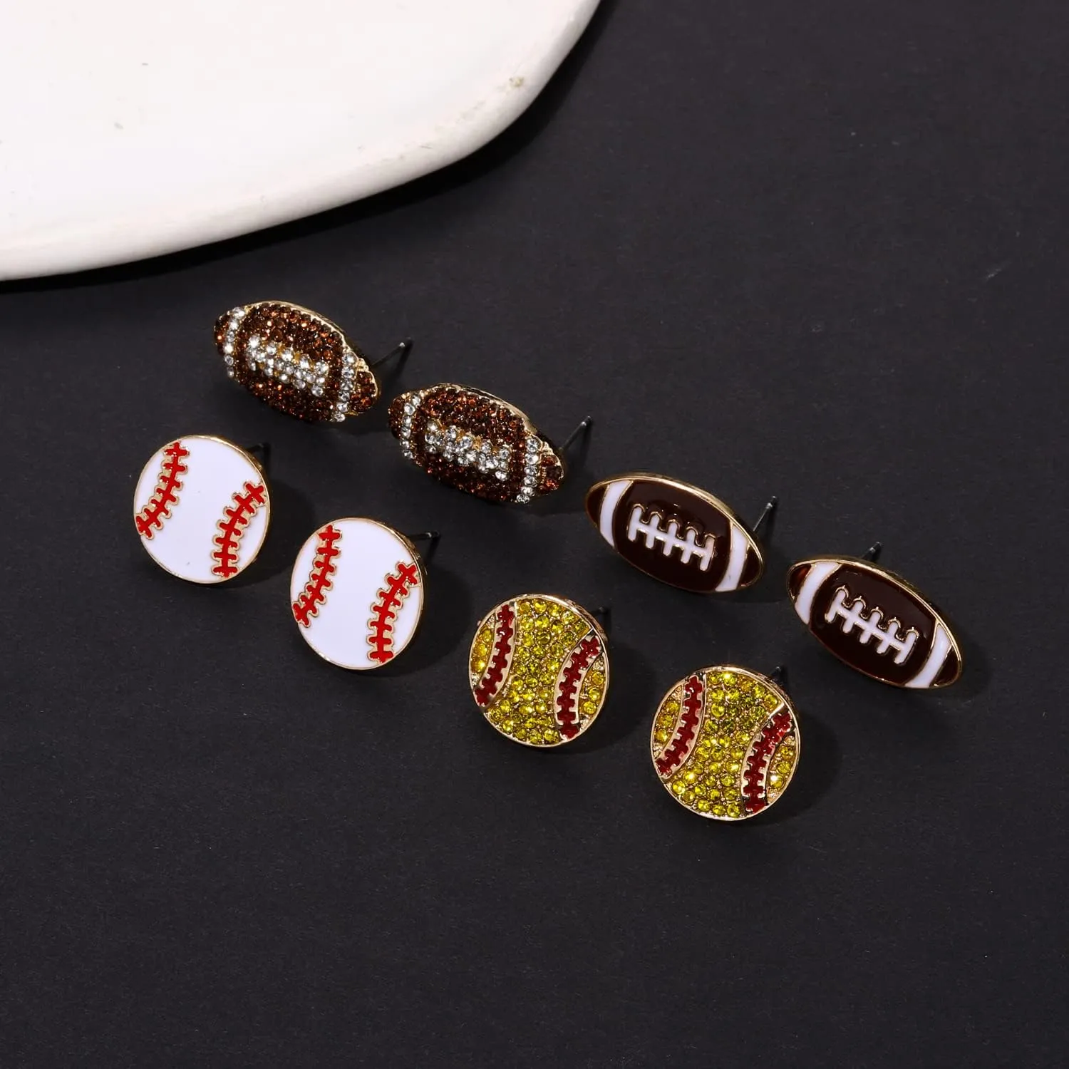 Rhinestone Baseball Softball Stud Earrings for Women, Sparkly Crystal CZ Basketball Football Volleyball Soccer Earrings, Enamel Hypoallergenic Round Stud Earrings Sport Lover Holiday Party Game Jewelry for Women