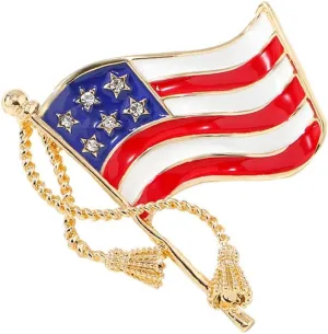 Rhinestone Gold Waving USA Flag Brooch Pin for Women Unisex Fashion Crystal 4th of July American Patriotic Medal Blue Red Enamel Brooches Dress Accessories Veterans Independence Memorial Jewelry