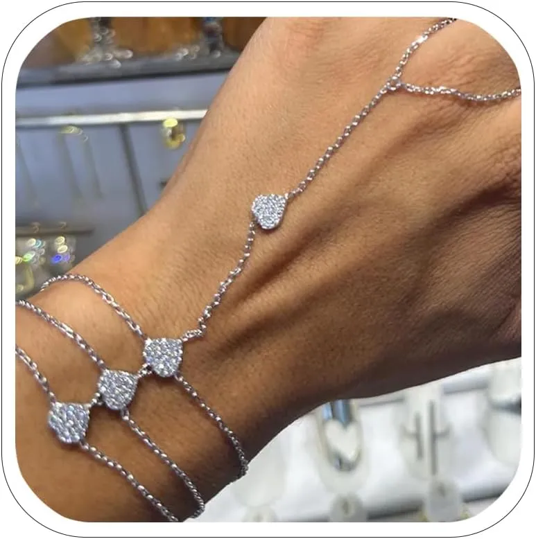 Rhinestone Heart Finger Ring Bracelet Chain Slave Hand Harness Crystal Silver Wrist Layered Hand Jewelry for Women