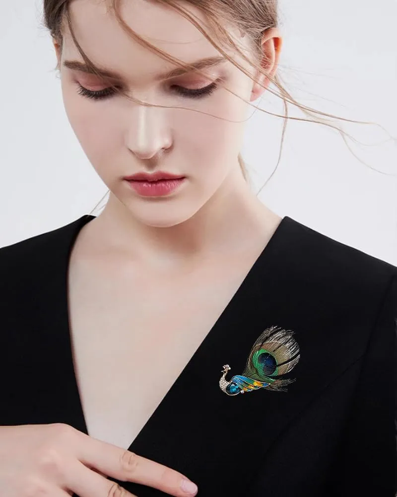 Rhinestone Peacock Feather Brooch for Women Girls Gold Plated Fashion Artificial Blue Green Bird Animal Brooches Lapel Pins Hat Bag Suit Dress Accessories Wedding Anniversary Jewelry Gift