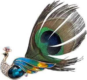 Rhinestone Peacock Feather Brooch for Women Girls Gold Plated Fashion Artificial Blue Green Bird Animal Brooches Lapel Pins Hat Bag Suit Dress Accessories Wedding Anniversary Jewelry Gift