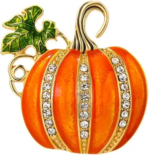 Rhinestone Pumpkin Brooch Pin for Women Girls Gold Plated Fashion Enamel Halloween Thanksgiving Green Leaf Brooches Lapel Pins Cute Fall Holiday Festival Hat Bag Suit Dress Accessories Jewelry Gift Souvenir