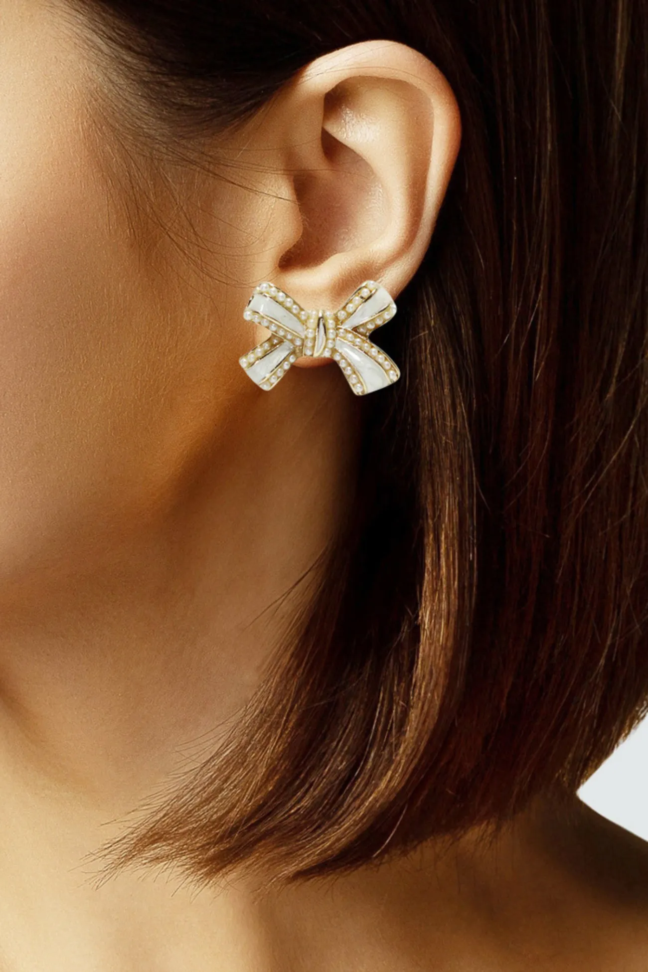 Ribbon Bow Pearl Accent Stud Earring