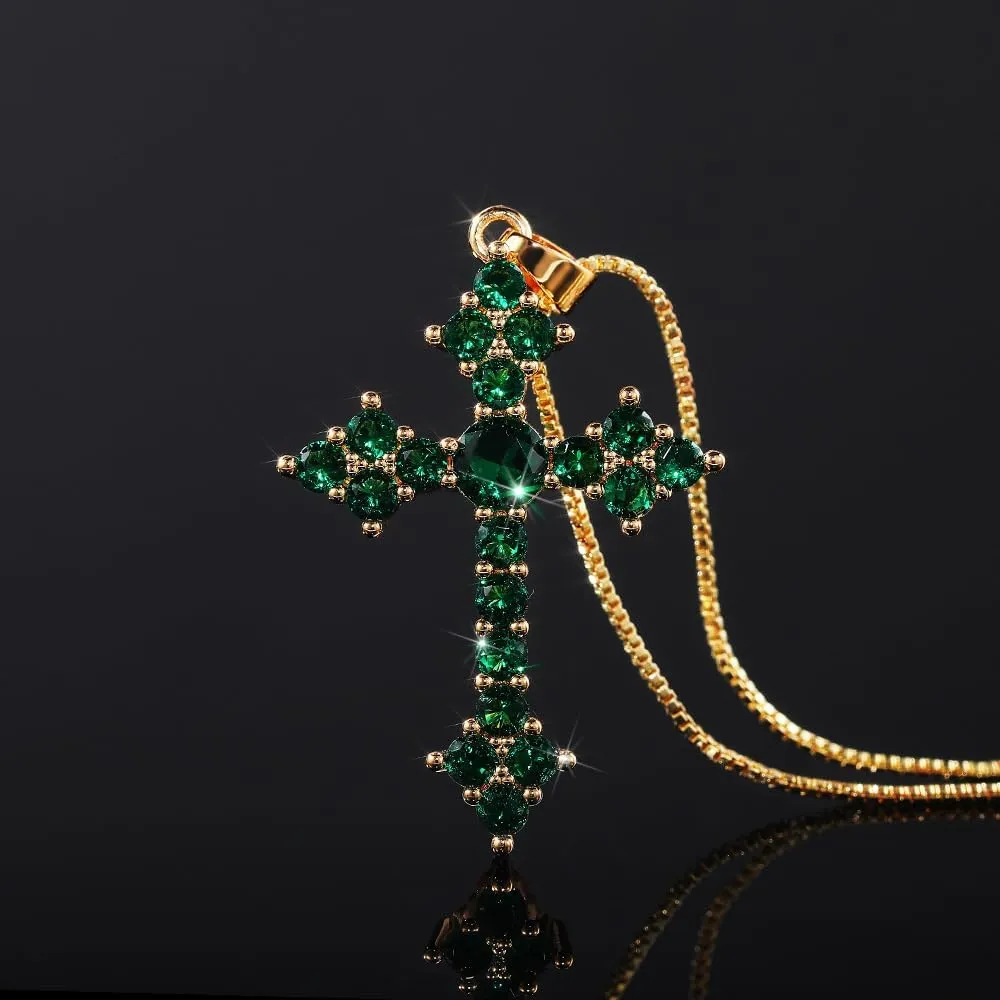 RIZILIA 18K Yellow Gold Plated Women's Cross Necklace, Round Cut CZ [Multiple Colors Available] Cross Pendant Necklace for Women, Trendy Jewelry Gift for Women