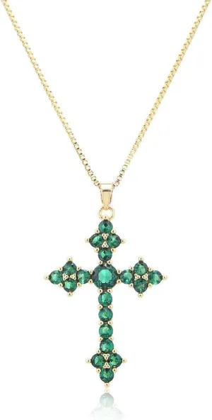 RIZILIA 18K Yellow Gold Plated Women's Cross Necklace, Round Cut CZ [Multiple Colors Available] Cross Pendant Necklace for Women, Trendy Jewelry Gift for Women