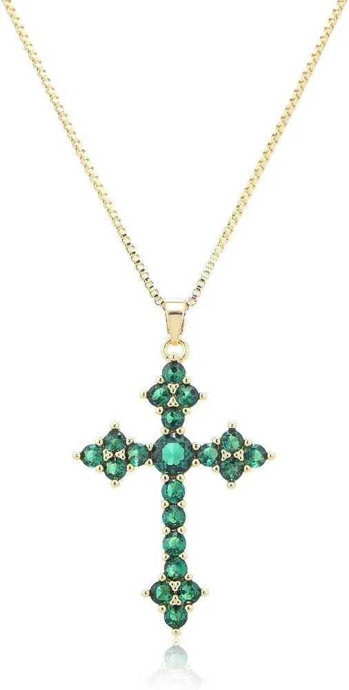 RIZILIA 18K Yellow Gold Plated Women's Cross Necklace, Round Cut CZ [Multiple Colors Available] Cross Pendant Necklace for Women, Trendy Jewelry Gift for Women