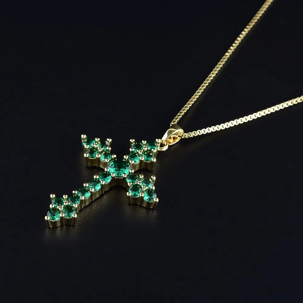 RIZILIA 18K Yellow Gold Plated Women's Cross Necklace, Round Cut CZ [Multiple Colors Available] Cross Pendant Necklace for Women, Trendy Jewelry Gift for Women
