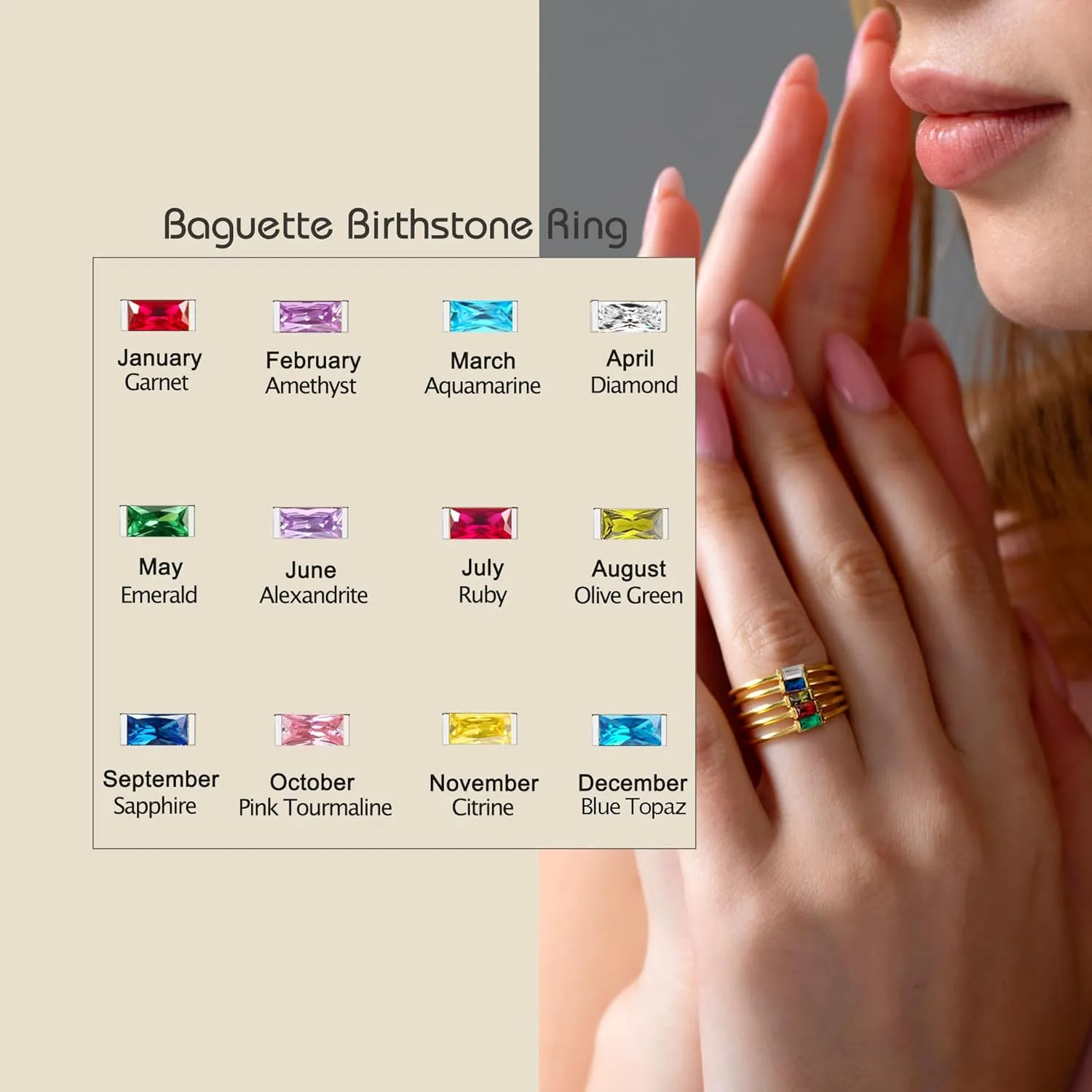 RLMOON Birthstone Rings for Women Non Tarnish Silver Stacking Ring Dainty Emerald CZ Ring Baguette Gemstone Promise Ring Personalized Jewelry Gift for Birthday Size 6-10
