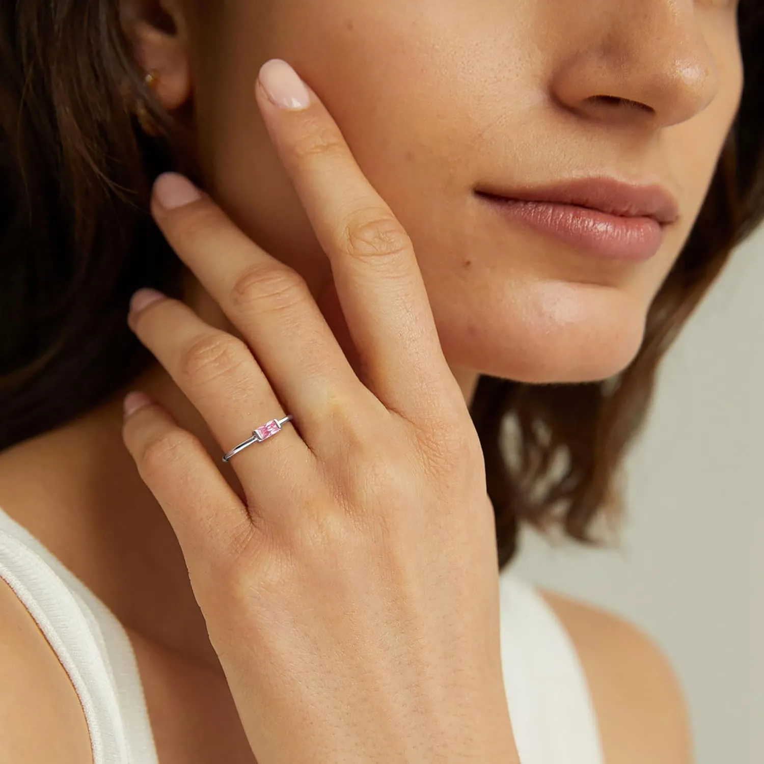RLMOON Birthstone Rings for Women Non Tarnish Silver Stacking Ring Dainty Emerald CZ Ring Baguette Gemstone Promise Ring Personalized Jewelry Gift for Birthday Size 6-10