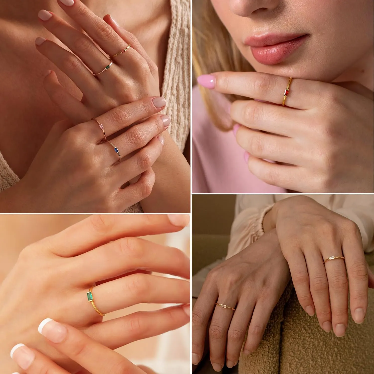 RLMOON Gold Birthstone Rings for Women Non Tarnish Gold Stackable Ring Dainty 14K Gold Plated Baguette CZ Emerald Green Gemstone Ring Personalized Jewelry Gift for Birthday Size 4-10