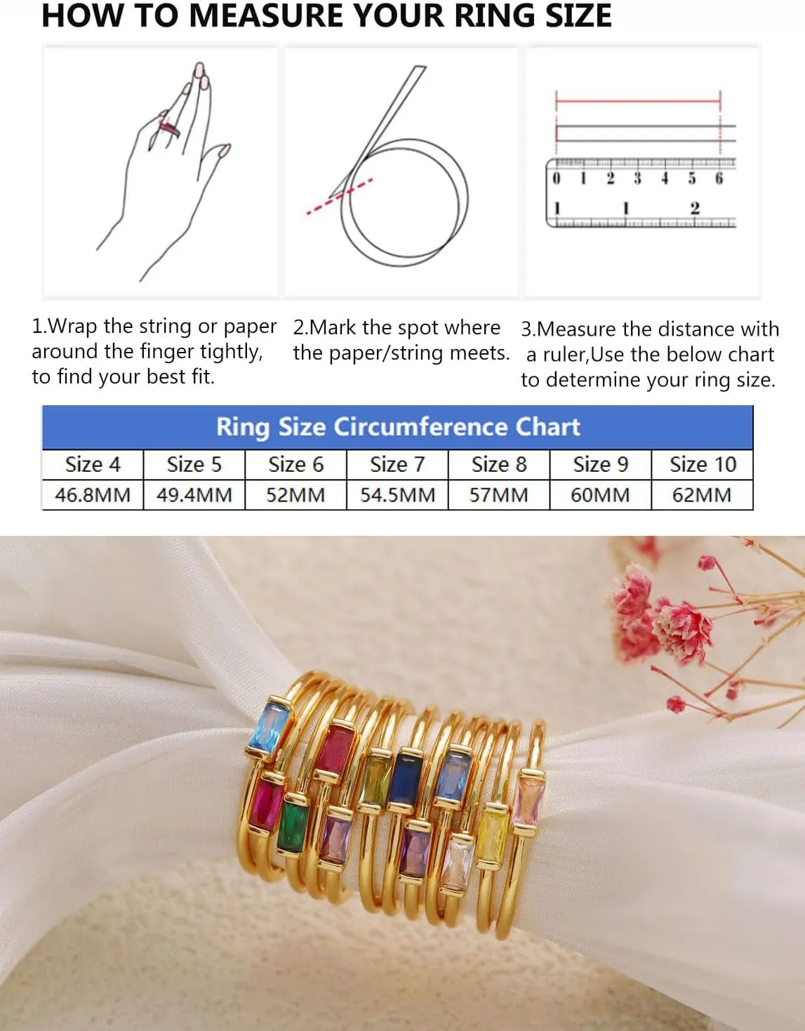 RLMOON Gold Birthstone Rings for Women Non Tarnish Gold Stackable Ring Dainty 14K Gold Plated Baguette CZ Emerald Green Gemstone Ring Personalized Jewelry Gift for Birthday Size 4-10