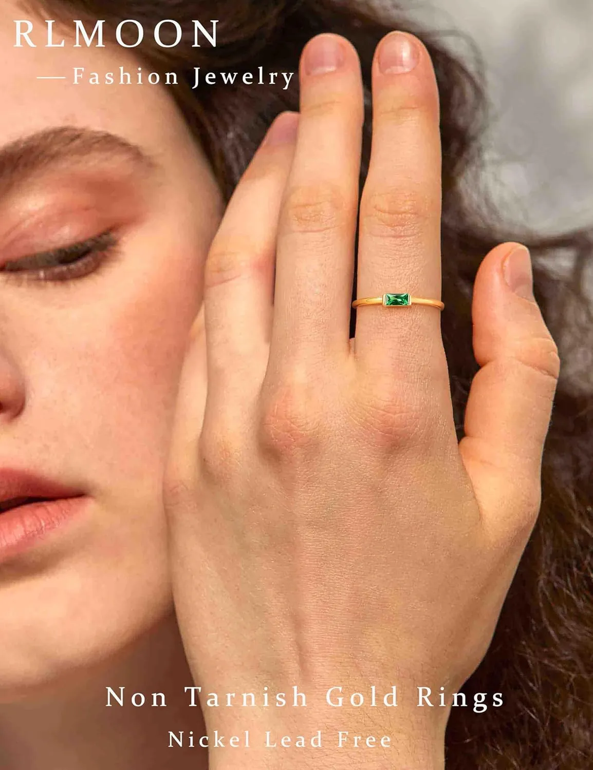RLMOON Gold Birthstone Rings for Women Non Tarnish Gold Stackable Ring Dainty 14K Gold Plated Baguette CZ Emerald Green Gemstone Ring Personalized Jewelry Gift for Birthday Size 4-10